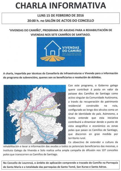 O SALÓN DE ACTOS DO CONCELLO ACOLLERÁ O VINDEIRO LUNS, DÍA 15, UNHA CHARLA INFORMATIVA SOBRE O PROGRAMA DE AXUDAS PARA A REHABILITACIÓN DE VIVENDAS NOS CAMIÑOS DE SANTIAGO