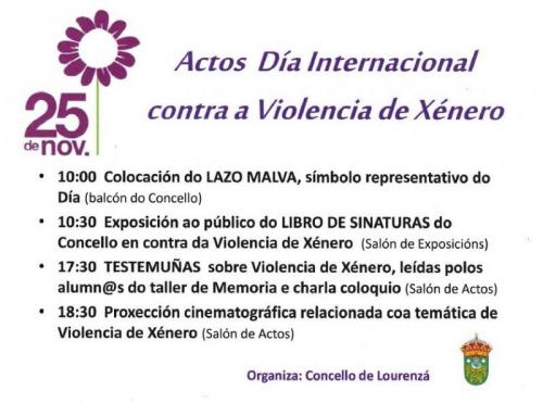 EL AYUNTAMIENTO CONMEMORARÁ El DÍA CONTRA LA VIOLENCIA DE GÉNERO EL 25 DE ESTE MES CON LA COLOCACIÓN DE UN LAZO MALVA, LA EXPOSICIÓN DE UN LIBRO DE FIRMAS, UNA LECTURA DE TESTIMONIOS, UNA CHARLA COLOQUIO Y UNA PROYECCIÓN CINEMATOGRÁFICA